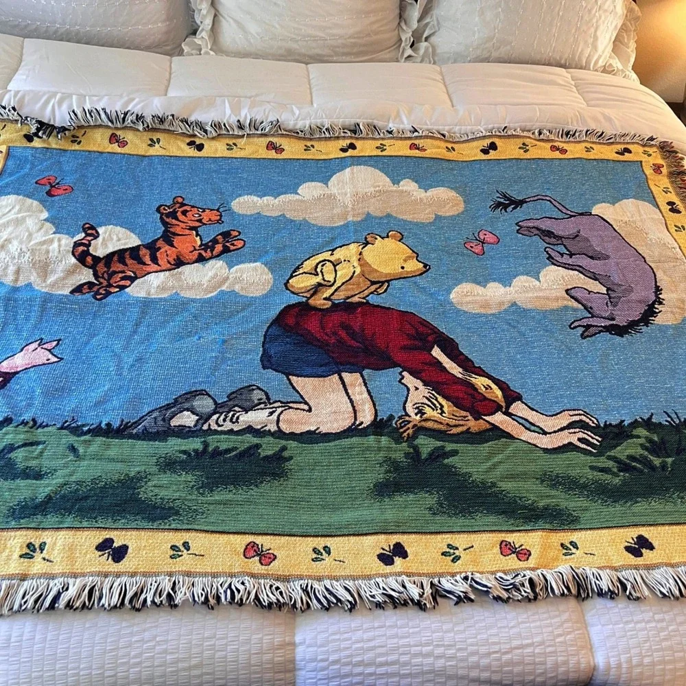 Vintage‎ Disney Classic Pooh Woven Tapestry Throw Blanket Christopher Robin USA